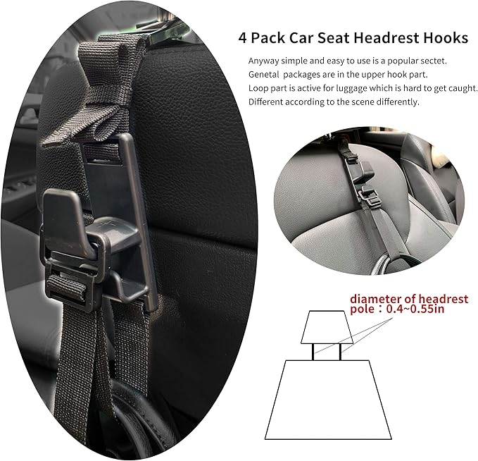 Teocenka 4-Pack Headrest Hooks for Car Universal Interior Auto Vehicle Back Front Seat Hanger Holder Organizer for Handbags Purses Coats and Grocery Bags