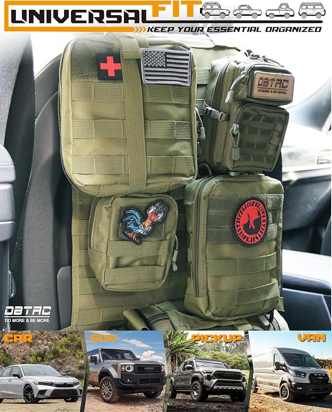 DBTAC Tactical Molle Car Seat Organizer | Vehicle Back Panel with 5X Detachable Pouches, US Flag & Writable Reflective Patch for Cars, Trucks, SUVs, Sedans