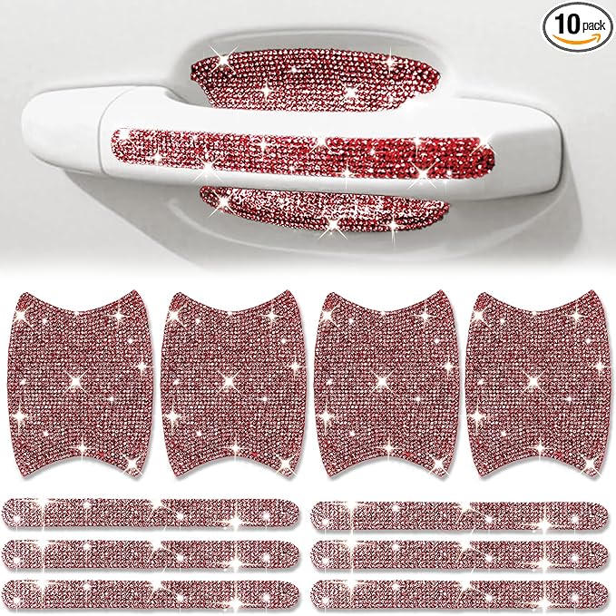 Bling Car Door Handle Protector, 10 PCS, Red Sparkling Rhinestone Cars Door Protective Cover, Anti-Scratch Auto Handles Sticker, Universal Bling Car Accessories for Women