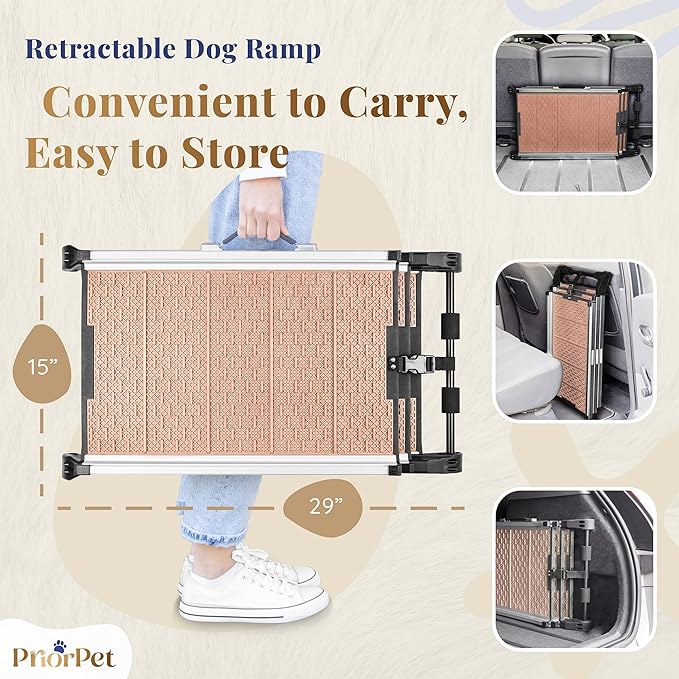 Dog Ramp for Car - Stable Anti-Slip Dog Car Ramp for Large Dogs - 63" Long & 15" Wide - 250LBS Capacity - Telescoping Pet Ramp - Lightweight - Reflective Sides - Fixing Clip - Desert Sand