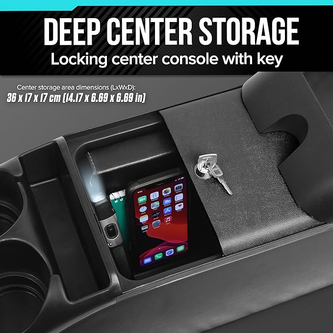 Center Console for Minivans, SUVs, Middle Van Console, Extra Cup Holders, Large Storage, 27"L x 11.5"W x 8.5"H,Made in USA (Black)