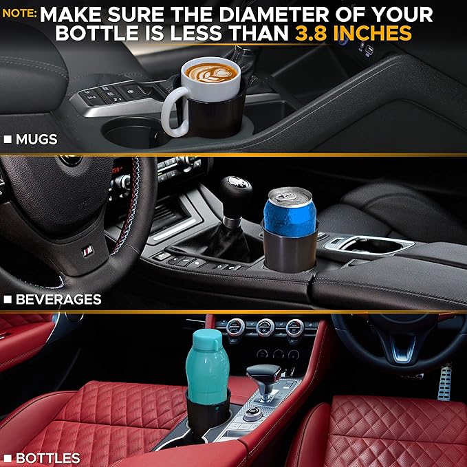 EcoNour Car Cup Holder Expander | Fits 32/40 oz Hydro Flasks, Yeti, Nalgene & Large Bottles up to 3.8" | Universal Cup Adapter for Cars with 3.2" Holders – Black