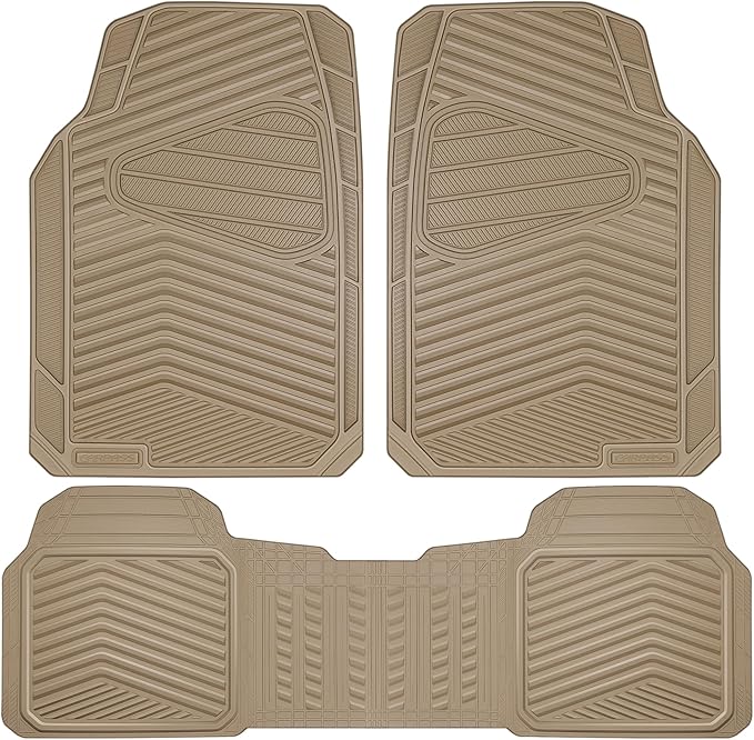 CAR PASS Rubber Car Mats, Waterproof Car Floor Mats All Weather Car Mat Full Set 3 Piece, Tan Automotive Floor Mat Trim to Fit for Cars Sedan SUVs Trucks, Anti-Slip Easy Clean, All Beige