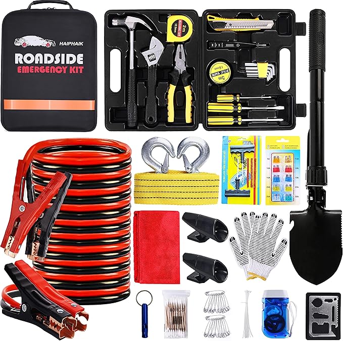 HAIPHAIK Car Emergency Roadside Kit - Roadside Assistance Emergency Kit, Car Emergency Kit with Jumper Cables, Safety Kits for Cars,Folding Shovel, Tow Rope,Car Tool Kit