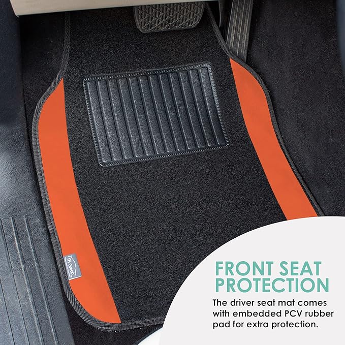 FH Group Automotive Floor Mats – Universal Fit Premium Carpet Car Mats with Driver Heel Pad, Full Set for Cars, SUVs & Trucks - Orange