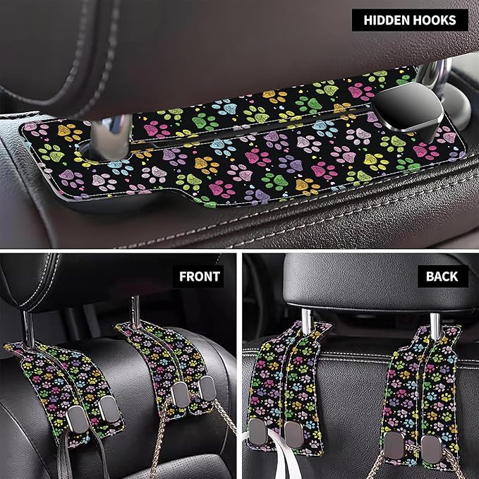AEWNUNK Car Headrest Purse Hanger Colorful Paw Prints 1 Pack Bag Purse Holder for Car Premium Leather Double Metal Hook for Handbags, Grocery Bags and Phones