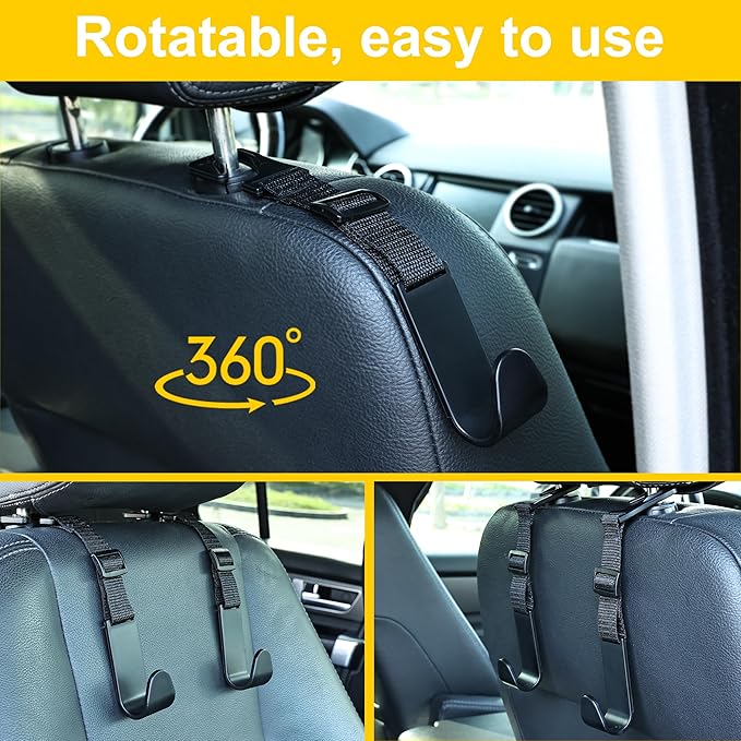 Amooca Headrest Hooks for Car Adjustable 4 Pack Vehicle Seat Back Organizer Storage Hanger Holder for Purse Bags Universal Fit Black