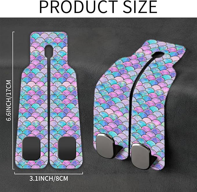 Car Headrest Purse Hanger Watercolor Mermaid Fish Scale 1 Pack Bag Purse Holder for Car Premium Leather Double Metal Hook for Handbags, Grocery Bags and Phones