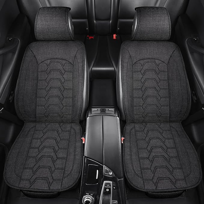 hoozoom Linen car Seat Covers Breathable Cloth Fabric Seat Protector Front seat Covers Universal Fit for 95% Automotive, Car, Van, SUV, Trucks（Black，2PCS）