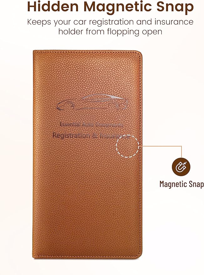 Yarnic Car Registration and Insurance Holder, Car Document Holder with Magnetic Closure, Car Organizer Vehicle Glove Box Compartment Organizer, Car Wallet Case for Men Women(Tan)