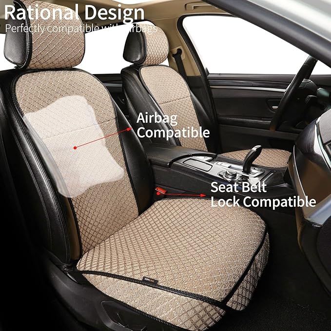 XZPILINA Breathable Car Seat Cover,Luxury Front Seat Cover,Durable and Non Slip,Polyester Silk Material, Universal Car Seat Cushion,Suitable for All Seasons,Airbag Compatible(Beige，2PCS)