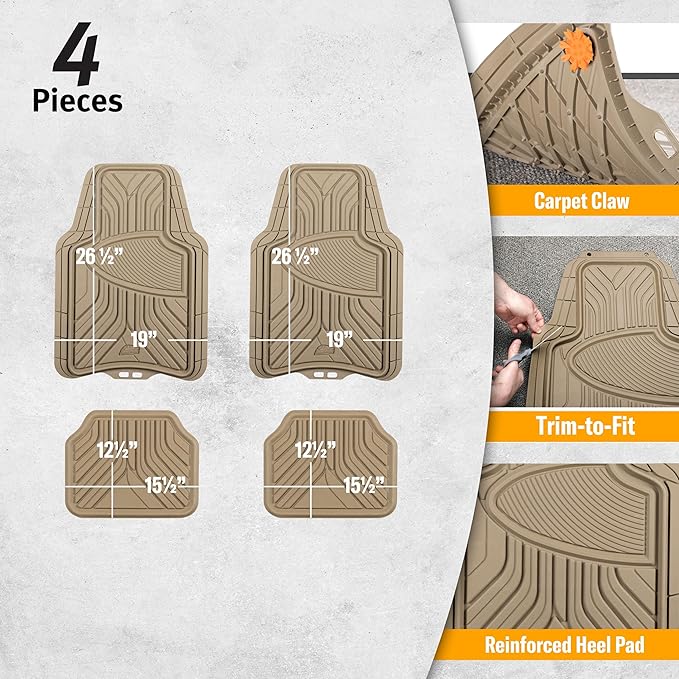 Armor All 4-Piece Trim-to-Fit Floor Mats, Full Coverage Mats for Cars, Trucks, SUVs — Tan