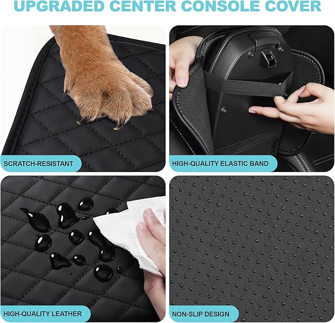 Center Console Cover Fit for Kia Soul 2010-2025 with 2 Storage Bags Waterproof Leather Quilted Pattern Car Armrest Cover Cushion Anti - Slip(Black)