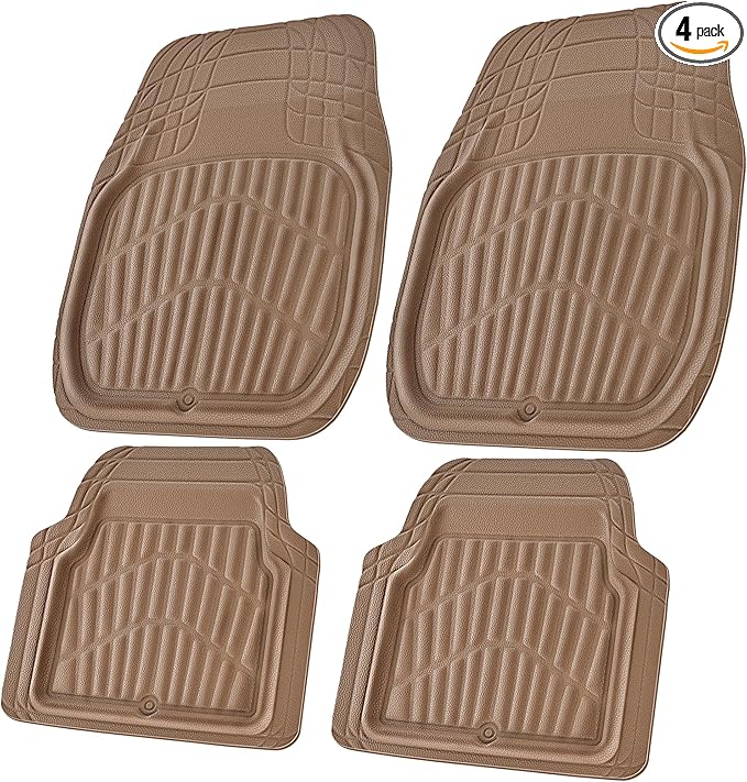 CASS Pass 4 Piece Leather Car Floor Mats -3D Waterproof All Weather, Universal Trim to Fit & Anti-Slip Burr Bottom Safety & Light Easy Clean Install for SUV Truck Auto Sedan Van (Beige)