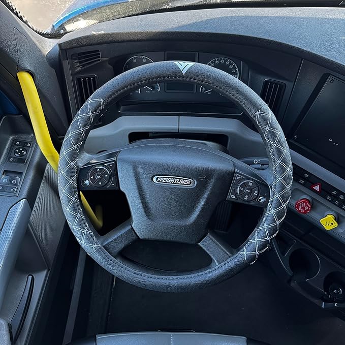 Steering Wheel Cover 18 inch Size Faux Leather Semi Truck, BLACK WITH GREY STITCHING