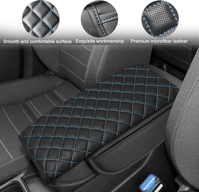 SENSHINE 1.2in Thickness Center Console Cover for Honda CRV Accessories 2023 2024 2025 2026 Middle Console Cover Leather Armrest Box Lid Protector Cushion Pad with Pockets Interior (Blue Stitch)