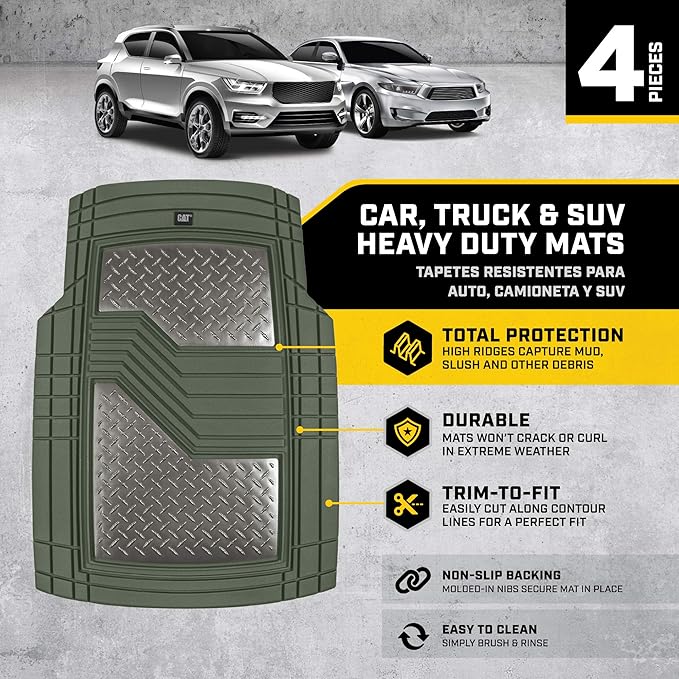 Cat® DiamondShield™ Rubber Floor Mats for Cars Trucks SUV, All Weather Protection, Front and Rear Car Mats with Heel Pad & Anti-Slip Backing, Universal Trim-to-Fit Rubber Floor Mats for Car, Green