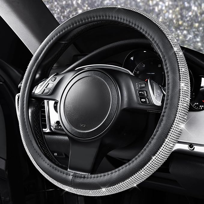CAR PASS Bling Silver Diamond Leather Steering Wheel Cover, with Sparkly Crystal Glitter Rhinestone Universal Fit 13" 1/2-14" Small Car Wheel Protector for Women Girl Fit Car,SUV,Van,Sedan, Silver
