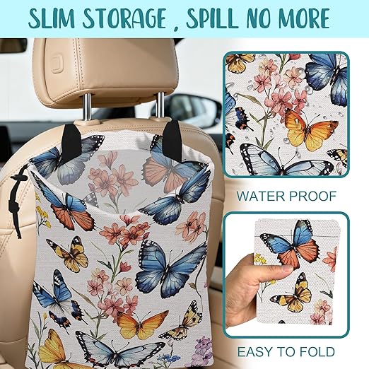 KXWQTRDD Car Trash Bag Colorful Butterfly Floral Leak-Proof Car Garbage Bag with Drawstring Foldable Canvas Trash Bin with Adjustable Buckle for Car Accessories, Travelling, Camping