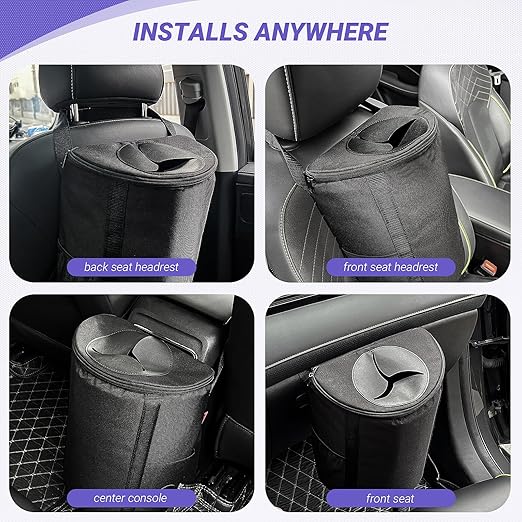 INFIVITA Car Trash Can – Premium Adjustable Strap & Bottom Hook Design with Convenient Top Opening and Bag Storage Pocket
