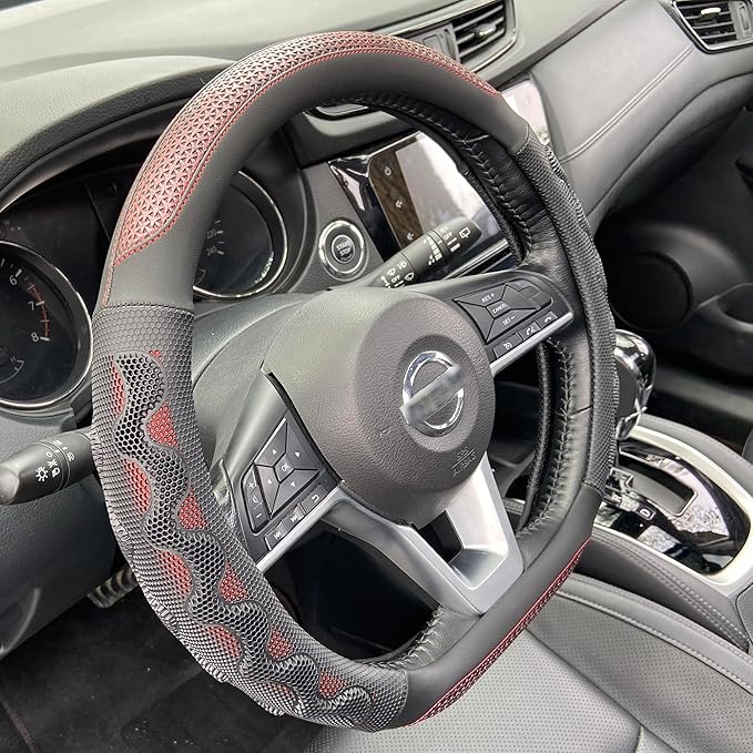 PINCTROT D Shaped 14.5-15 Inch Steering Wheel Cover Great Grip with 3D Honeycomb Anti-Slip Design, Flat Bottom 14.5-15 Inch (Wine Red)