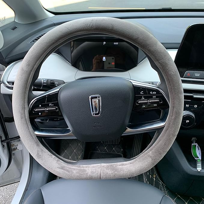 D Shape Fluffy Steering Wheel Cover, Short Plush Auto Accessories for Women with Inner Ring Universal 15 Inch (D-Shape Grey)