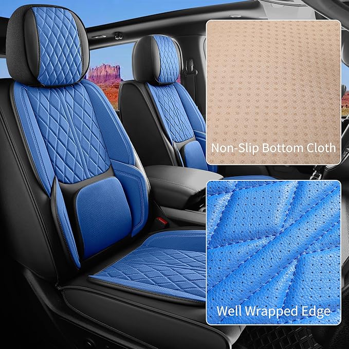 Universal seat Covers Fit for Cars, SUV, Sedans, with Durable and Breathable Leather(Black & Blue, Full Set)