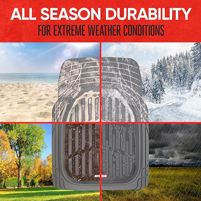 Motor Trend Original FlexTough Gray Rubber Car Floor Mats for 3 Row Vehicles, Front & Rear 2nd Row Deep Dish All Weather Automotive Heavy Duty Trim to Fit, Automotive Liners for Cars Truck Van SUV