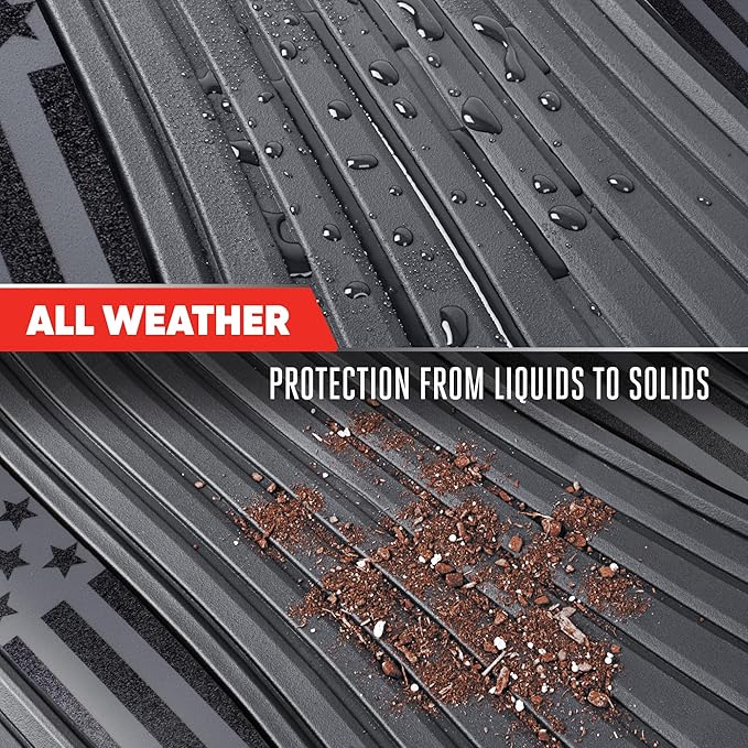 MotorTrend Black Flag Rubber Floor Mats – All Weather Car Mats with American Flag Stars & Stripes Design, Heavy-Duty Automotive Floor Mats for Cars, SUVs & Trucks Grey/Black