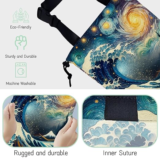 NHNXHWIA Sea Wave Car Trash Bag,Night Starry Sky Hanging Drawstring Car Garbage Bag,Waterproof Canvas Car Back Seat Organizer with Adjustable Buckle,for Vehicles,SUVs,Camping,Road Trips