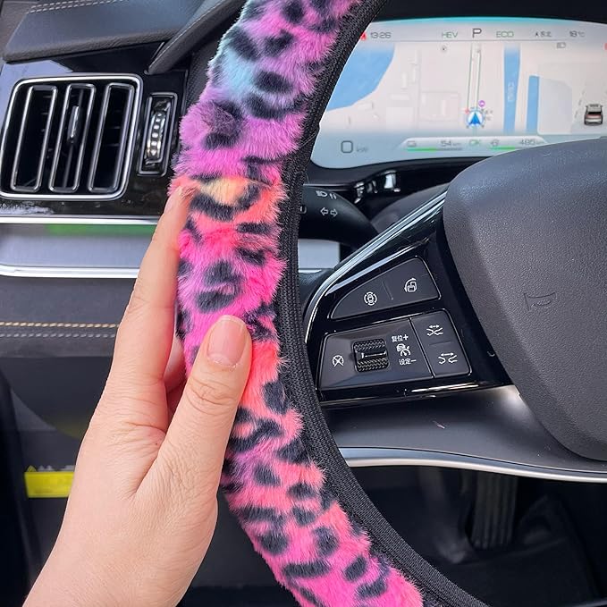 Cheetah Fuzzy Steering Wheel Cover, Girly Steering Wheel Cover, Cute Fluffy Furry Leopard Wheel Protector, Women Girl Car Christmas Decor Fit D-Shape O-Shape 14.5" to 15"