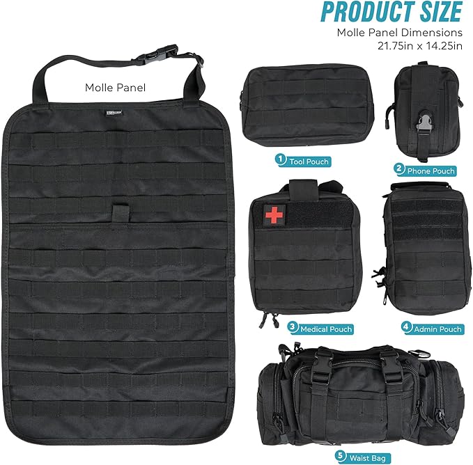 STUFFSTASH Tactical Seat Back Organizer Vehicle Molle Panel Organizer Storage Bags with 5 Detachable Molle Pouches, Extra Long Straps, Universal Car Seat Organizers for Accessories, Fits All Vehicles