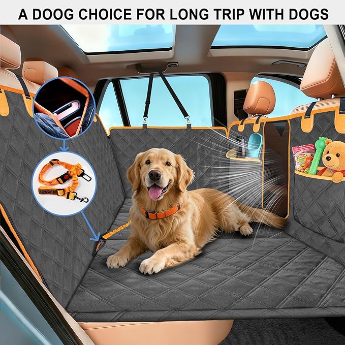 VIVASNIFF Hard Bottom Back Seat Extender for Dogs, Waterproof Dog Car Seat Cover, 420lb Support, 600D Heavy Duty Car Seat Protector Dog Hammock for Sedan, SUV, Small Truck(Black & Orange)