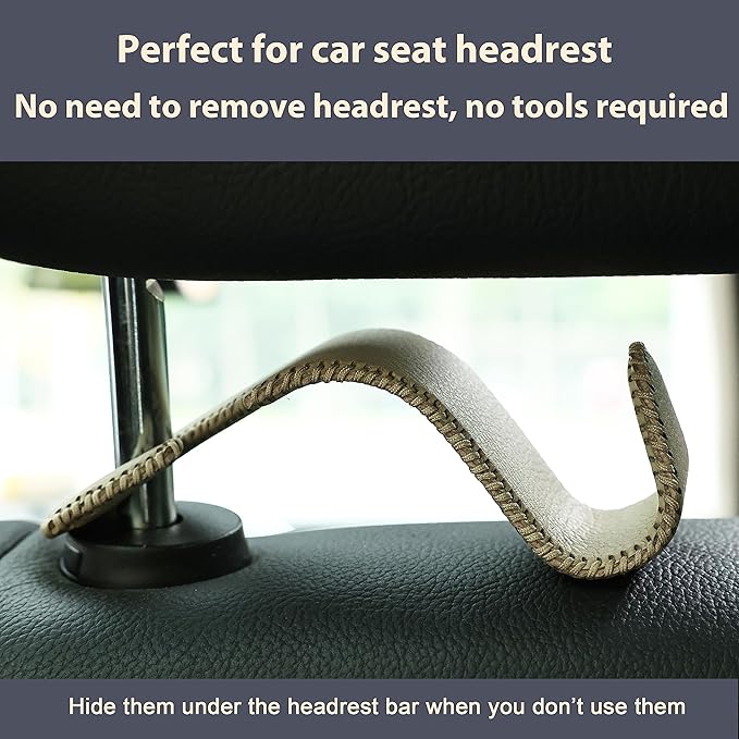 Amooca Car Seat Headrest Hook Universal Vehicle Storage Hanger Leather with Metal Car Seat Back Organizer for Handbag Purse Coat Beige 2 Pack