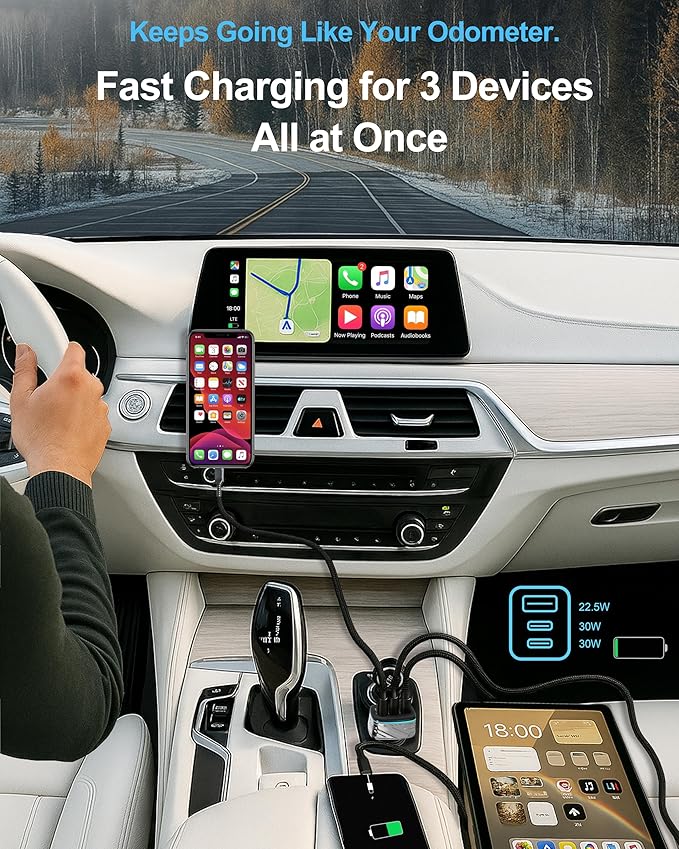 NOUOWA 82.5W USB C Car Charger, 3-Port (Dual Type-C Port & USB-A), Compact Fast Charging, Soft Blue Light, Cigarette Lighter Adapter for iPhone 16e/15/14, Galaxy S25/S24, Google Pixel, iPad & MacBook
