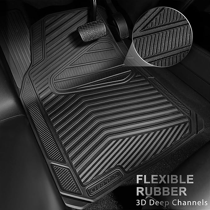 CAR PASS Rubber Car Mats, Waterproof Car Floor Mats All Weather,Car Mat Full Set 4 Pieces, Automotive Floor Mat Trim to Fit for Cars Sedans SUVs Trucks, Anti-Slip Easy Clean, All Black