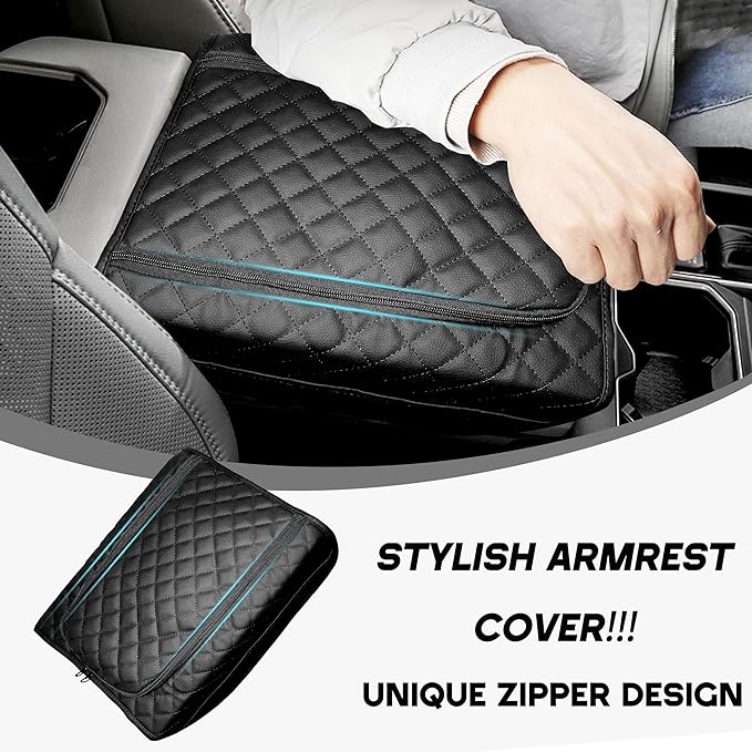 SENSHINE Center Console Armrest Cover for Toyota Tundra 2022-2026/Sequoia 2023-2026 Armrest Seat Stroage Box Cushion Lid Protector Pad with Zipper Leather Interior Accessories, Black Stitch