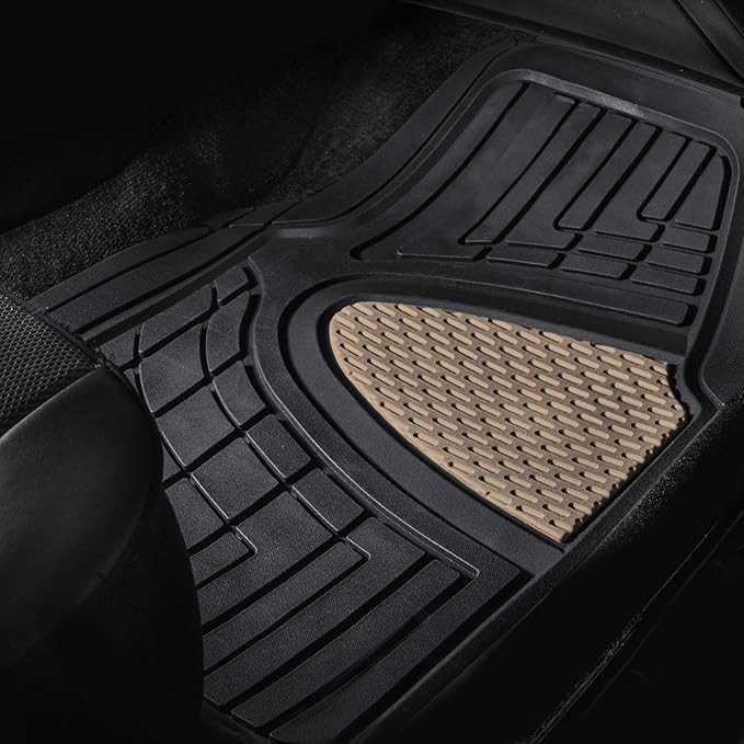 TLH Premium Tall Channel Rubber Car Trimmable Floor Mats - Heavy-Duty Beige Rubber Floor Mats, Universal Fit Full Set, Climaproof™ Floor Mats, Trimmable Floor Mats for Most Sedan, SUV, Truck
