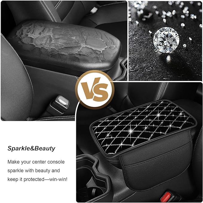 YORKNEIC Bling Car Center Console Cover Fit for Ford Ranger: Middle Armrest Cover with Crystal Rhinestones, Diamond Automotive Interior Car Arm Rest Cover Pad Protector(Black&Silver Diamond)