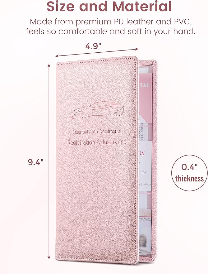 Yarnic Car Registration and Insurance Holder, Pu Leather Car Registration and Insurance Card Holder Car Document Holder for Cards, Essential Document, Driver License (Pink)