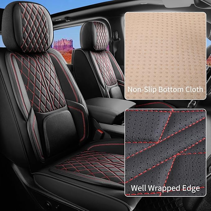 Automotive Seat Covers Universal Fit for Cars, SUV, Sedans, with Anti-Slip Breathable Faux Leather (Black Redline, Front Seat)