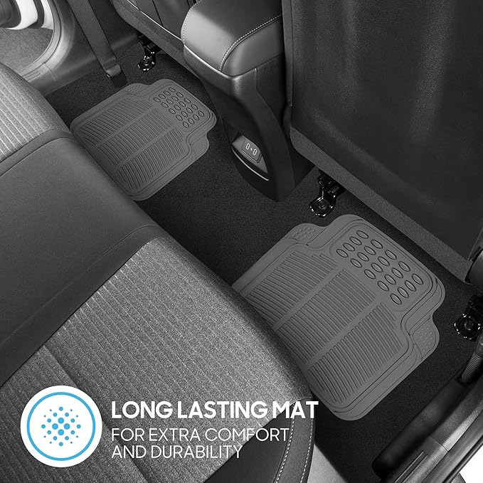 BDK 3-Piece Gray Rubber Floor Mats (Front + Rear), Heavy Duty Universal Fit Liners for Cars SUVs Trucks Vans, All Weather Protection Anti-Slip Nibs, Flexible Contours Fits Most Vehicles