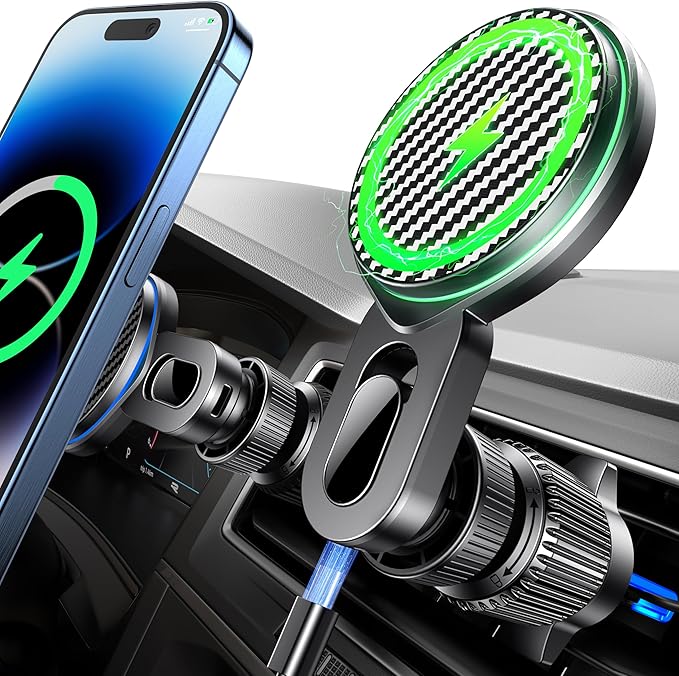 Qifutan for 15W Magsafe Car Mount Charger No Blocking of Air Vent Wireless Car Charger Automotive Accessories Magnetic Phone Holder for Car Fits for iPhone 15 14 13 12 Pro Max Android Smartphone