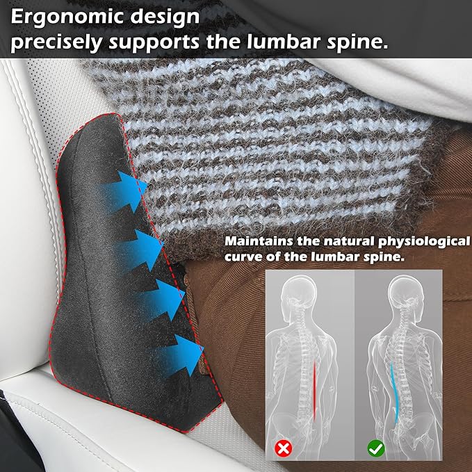 Lumbar Support Pillow for Car, Ergonomic Memory Foam Back Cushion for Driving, Seat Office Chair, Gaming Chair, Lower Back Support for Back Pain Relief, Black, 1 Pack