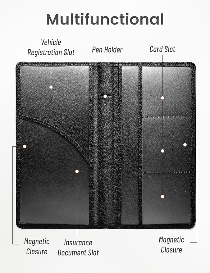 Yarnic Car Registration and Insurance Holder, Car Document Holder with Magnetic Closure, Registration and Insurance Card Holder Car Organizer Glove Box Compartment Organizer for Men Women (Black)