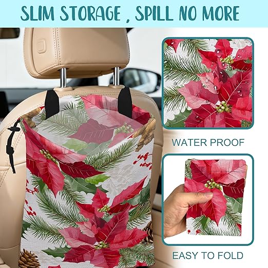 KXWQTRDD Car Garbage Bag Red Poinsettia Xmas Green Leaves Drawstring Car Trash Bag Hanging for Back Seat with Adjustable Buckle Canvas Vehicle Trash Can Easy-to-Install