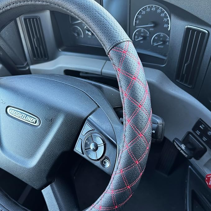Genuine Leather Steering Wheel Cover for Semi Truck – 18" X-Large, Black with Red Diamond Stitching, Anti-Slip Grip, Fits 18 Inch Wheels for Big Rig, RV & 18 Wheeler Trucks (Black/red)