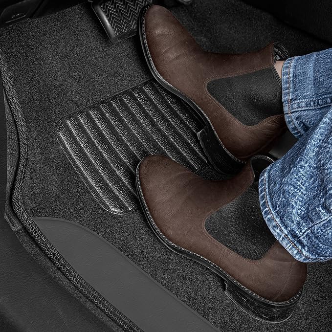 BDK Carpet Floor Mats for Cars, Two-Tone Carpet Car Mat with Faux Leather Accents, Automotive Floor Mat Sets with Built-in Heel Pad, Stylish Interior Car Accessories Grey
