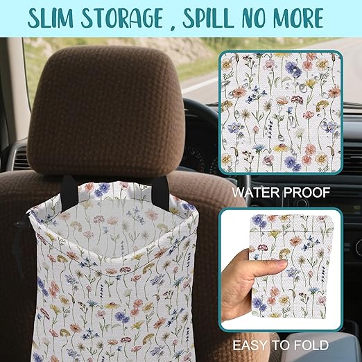 KXWQTRDD Car Garbage Bag Watercolor Wildflowers Drawstring Car Trash Bag Hanging for Back Seat with Adjustable Buckle Canvas Vehicle Trash Can Easy-to-Install