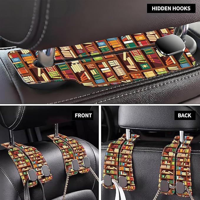 AEWNUNK Car Headrest Purse Hanger Vintage Library Book Shelf 1 Pack Bag Purse Holder for Car Premium Leather Double Metal Hook for Handbags, Grocery Bags and Phones